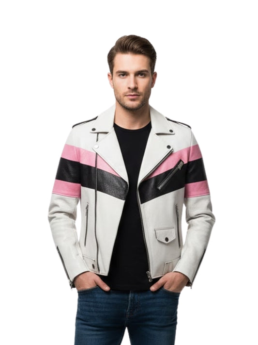 Man wearing a white leather jacket with pink and black stripes on a white background