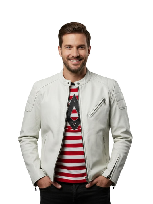 Men's White Leather Biker Jacket
