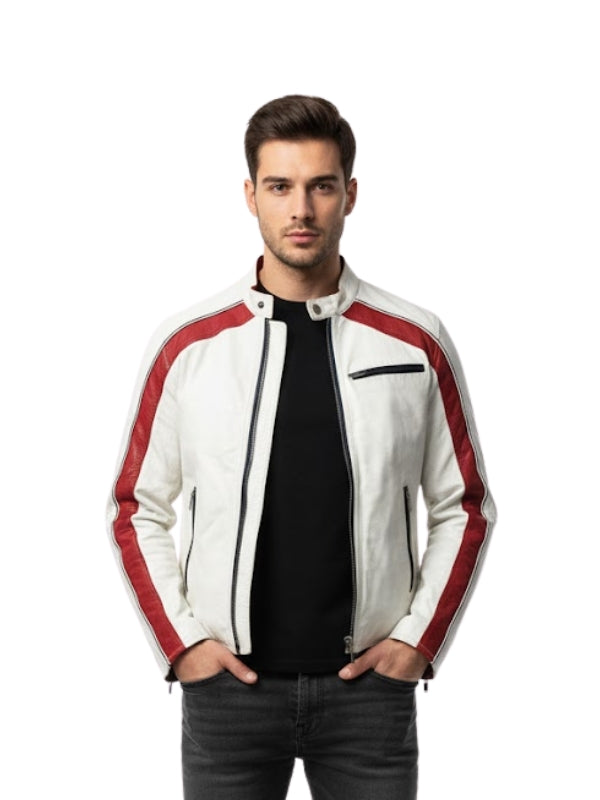 Man wearing a white jacket with red and black accents on a white background