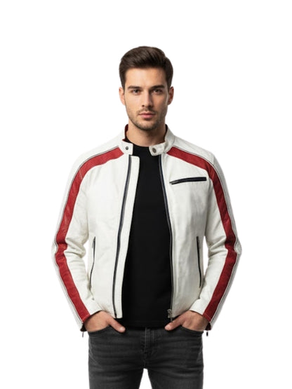 Man wearing a white jacket with red and black accents on a white background