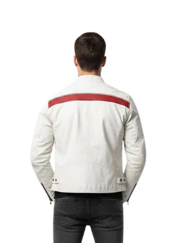 men’s white leather slim fit motorcycle jacket with red and black stripes