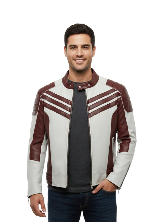 Man wearing a white and brown jacket with a black shirt underneath on a white background