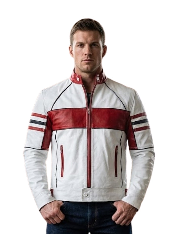 Man wearing a white and red jacket with stripes on a white background