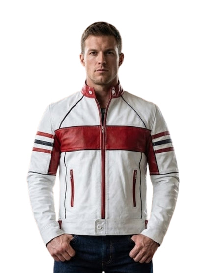 Man wearing a white and red jacket with stripes on a white background