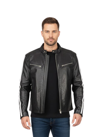 Man wearing a black leather jacket with white stripes on sleeves against a white background