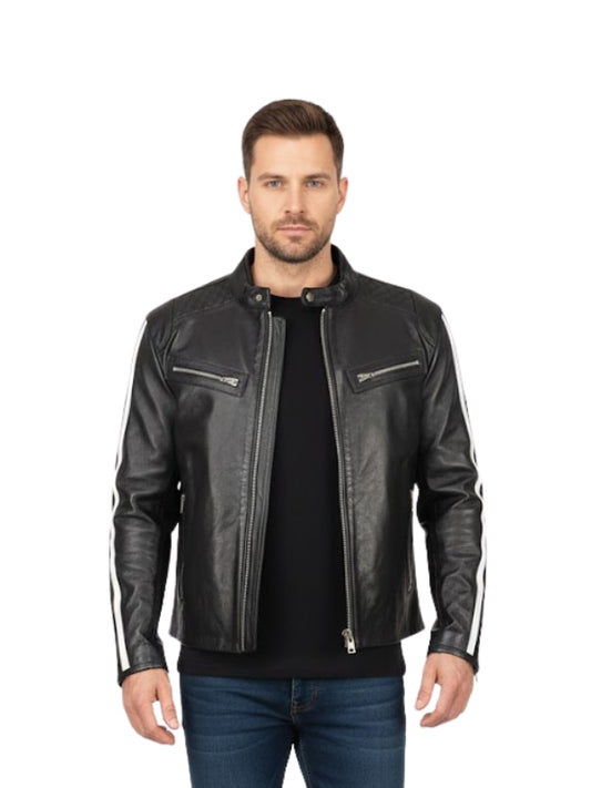 Man wearing a black leather jacket with white stripes on sleeves against a white background