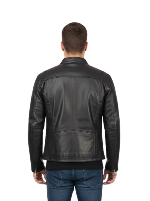 Man wearing a black leather jacket on a white background
