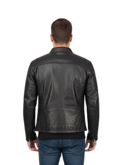 Man wearing a black leather jacket on a white background