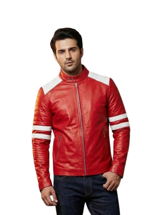 Man wearing a red leather jacket with white stripes on a white background