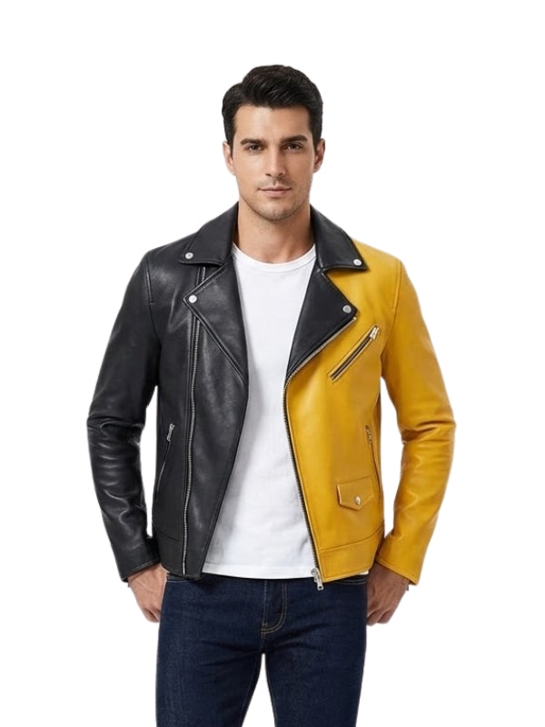 Men's Yellow & Black Cowhide Leather Biker Jacket