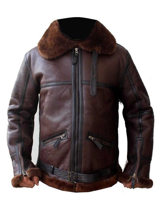 Men's Brown Aviator RAF Fur Pilot B3 Sheepskin Shearling Bomber Leather Jacket