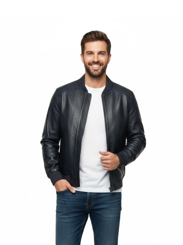 Mens 2436 Black Leather Bomber Jacket