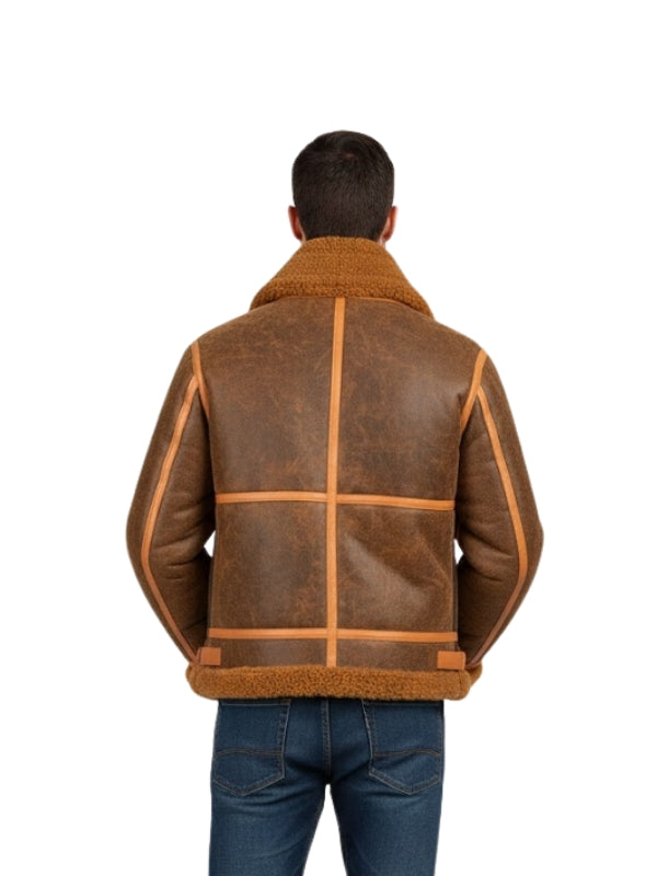 Mens Aviator Distressed Sheepskin Shearling Brown Leather Jacket