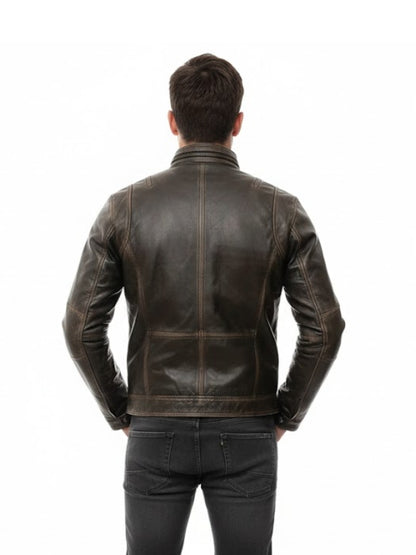 Mens Cafe Racer Distressed Brown Leather Jacket