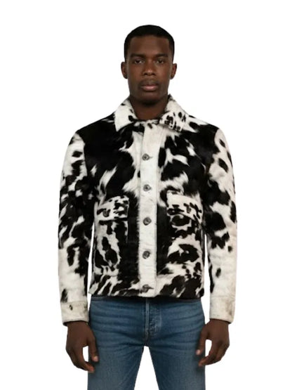 Men's cow print real hair fur jacket with stylish winter design