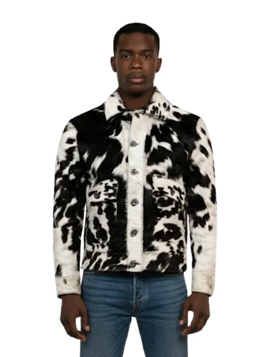 Men's cow print real hair fur jacket with stylish winter design