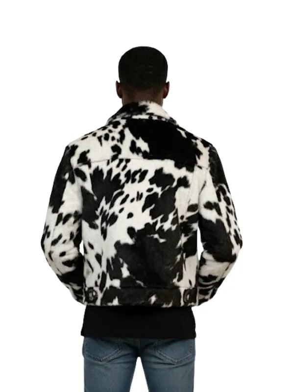 Men's cowhide fur jacket with real hair on cow print, perfect for winter