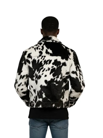 Men's cowhide fur jacket with real hair on cow print, perfect for winter