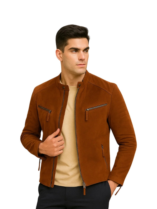 Mens Express Brown Suede Biker Leather Jacket