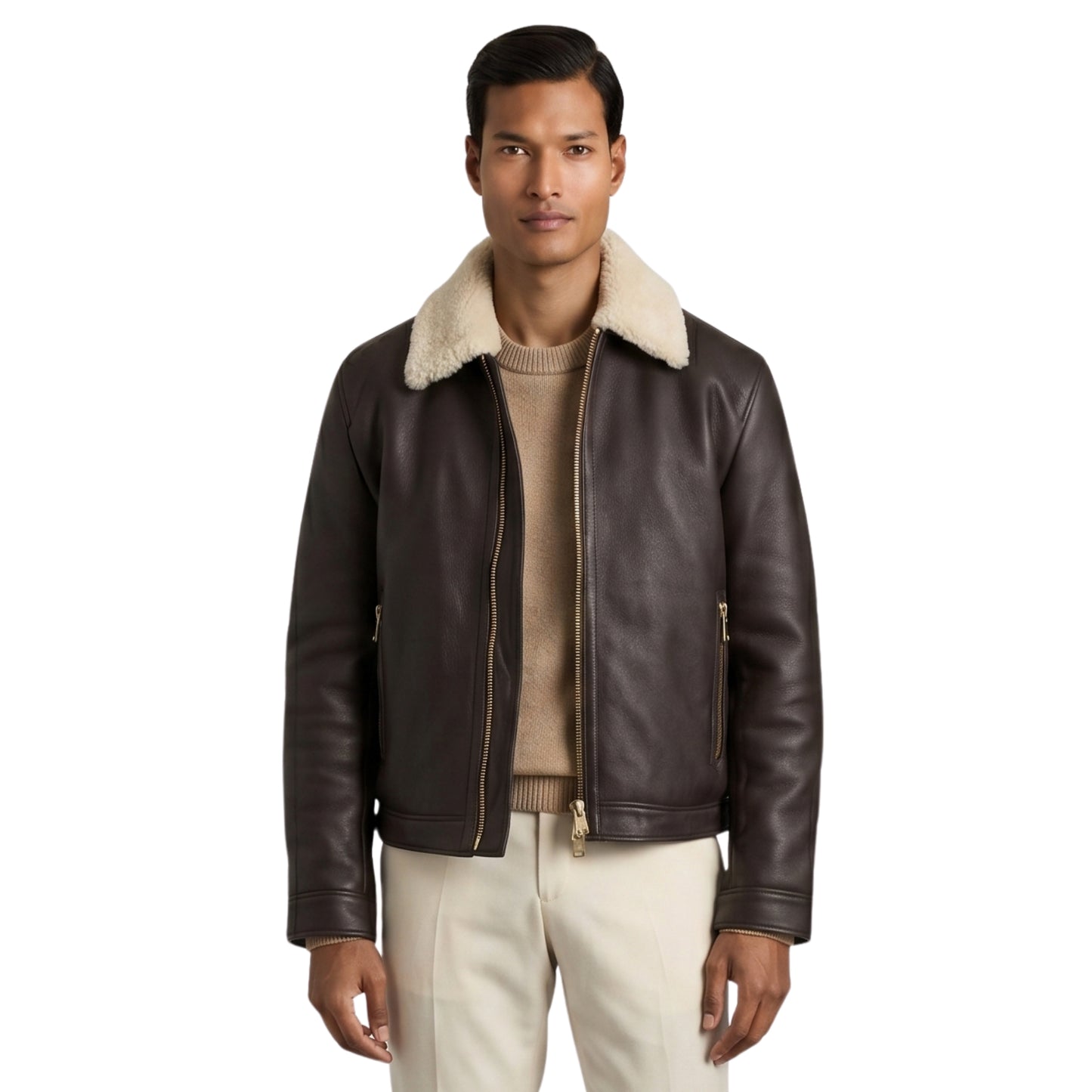 Men's Shearling Collar Black Bomber Jacket
