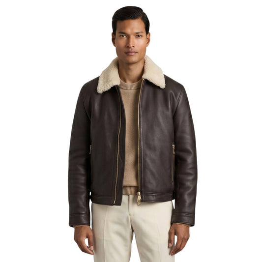 Men's Shearling Collar Black Bomber Jacket