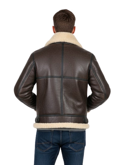 Brown leather jacket with white fur lining on a white background