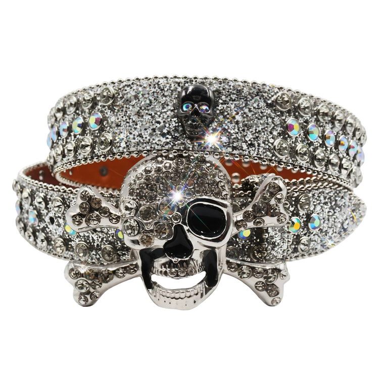Metal Skull Buckle Silver Rhinestone Belt