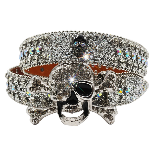 Metal Skull Buckle Silver Rhinestone Belt