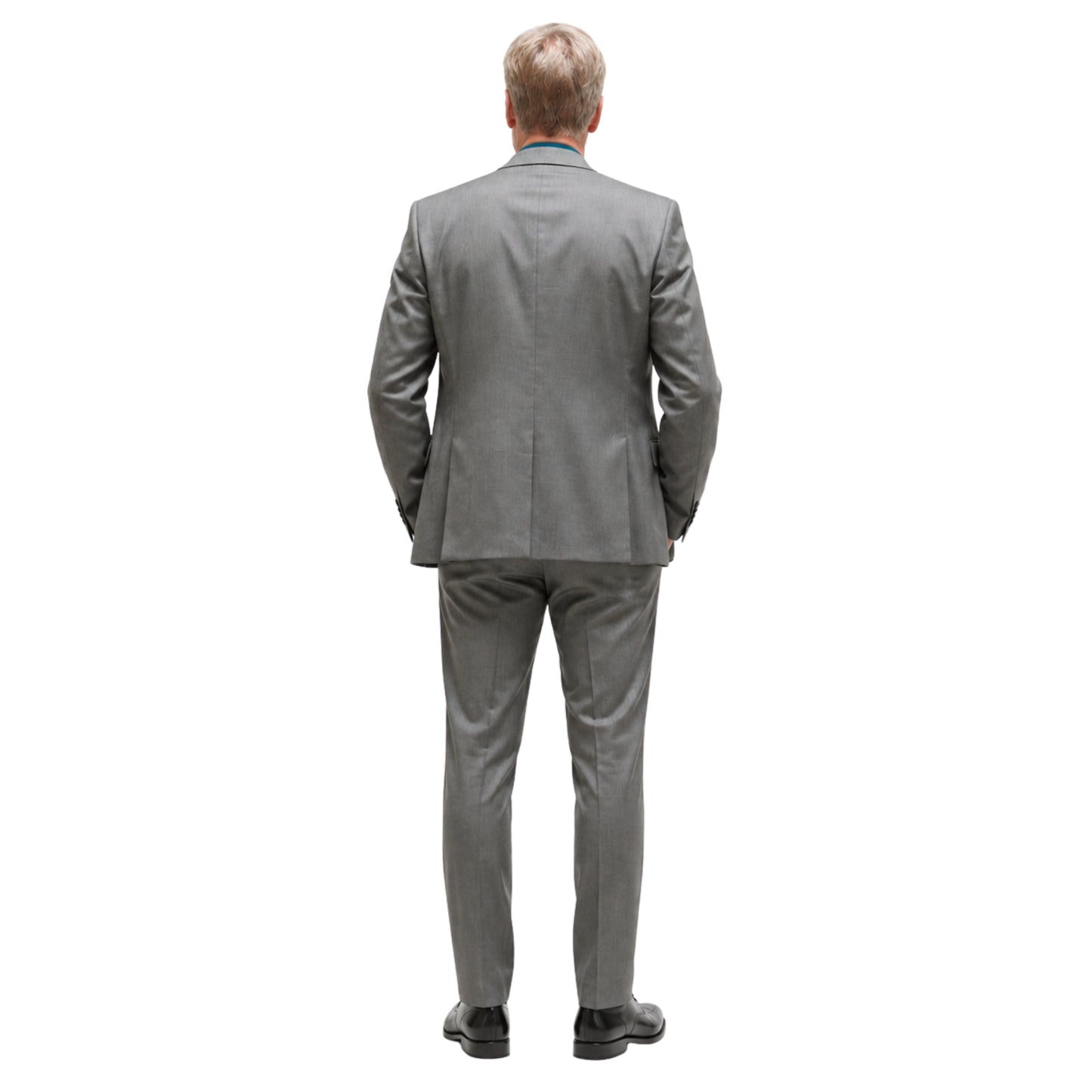 Man wearing a gray suit on a white background