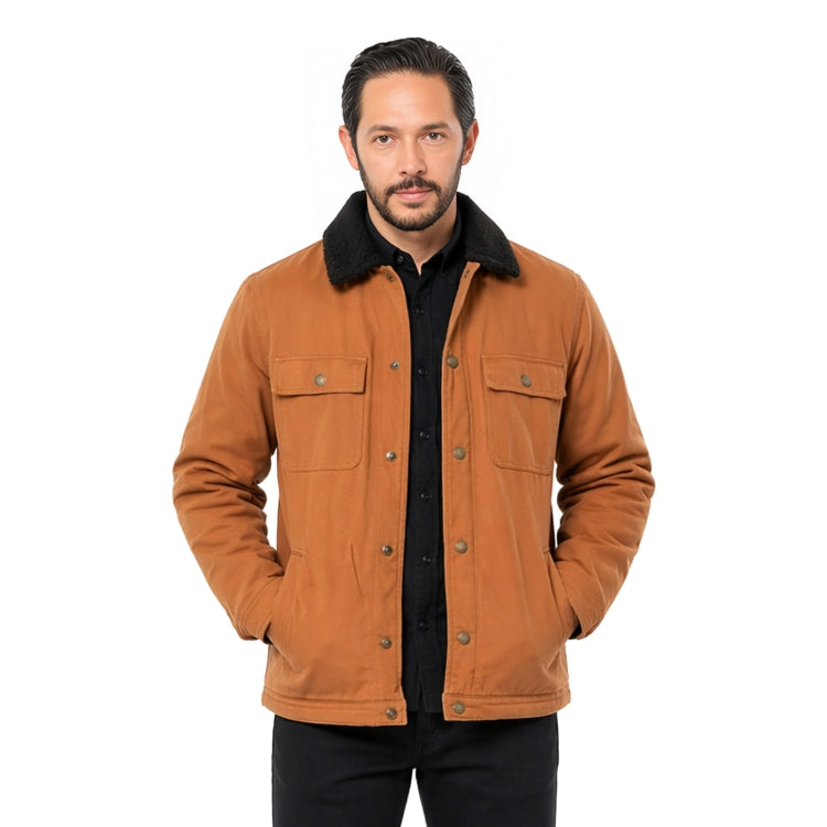 Man wearing a brown jacket with black collar on a white background
