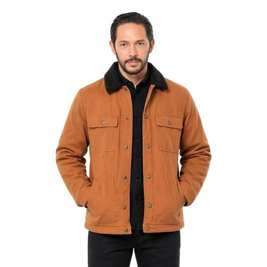 Man wearing a brown jacket with black collar on a white background