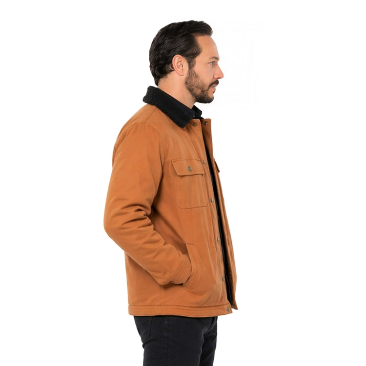Man wearing a brown jacket with black collar on a white background