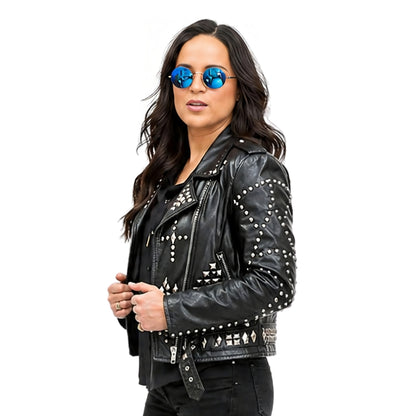 Person wearing a black biker jacket 