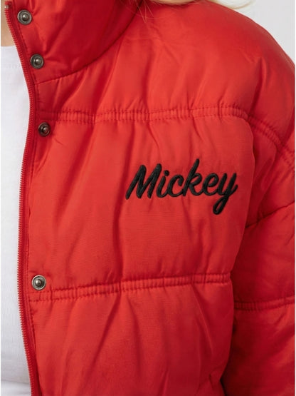 Red jacket with 'Mickey' embroidery on a white background