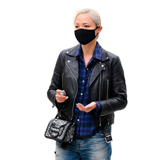 Person wearing a black leather jacket, plaid shirt, and jeans with a black face mask on a white background.