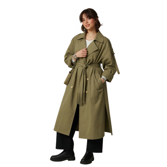 Modern Side-Slit Olive Green Overcoat
