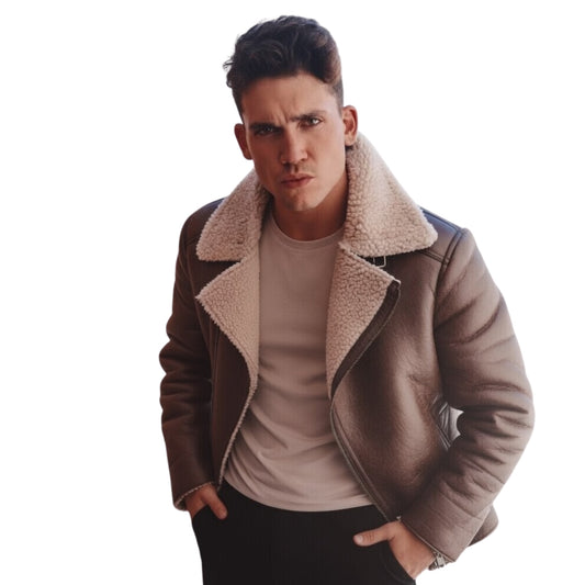 Man wearing a brown leather jacket with a white background