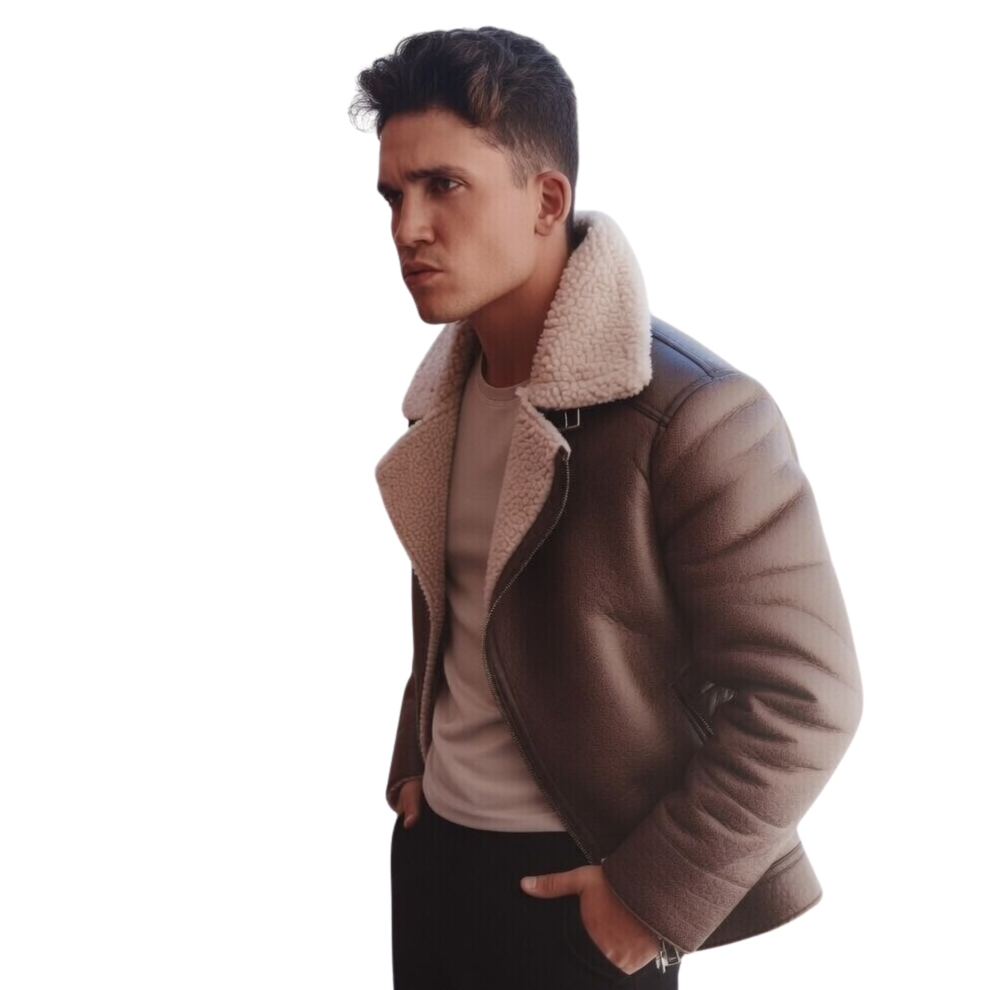 Man wearing a brown shearling jacket on a white background