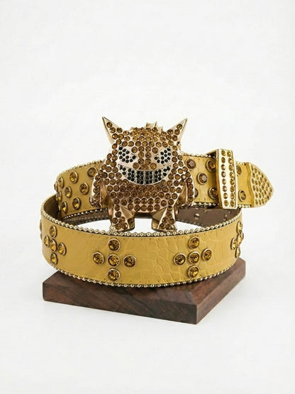 Gold belt with rhinestone tiger design on a wooden stand against a white background