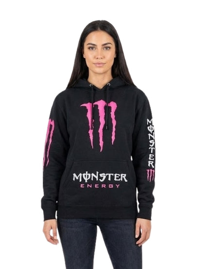 Person wearing a black hoodie with pink and white 'Monster Energy' logo on a white background