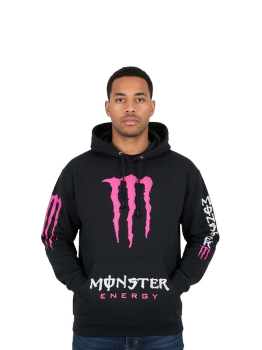 Person wearing a black hoodie with pink and white 'Monster Energy' logo on a white background