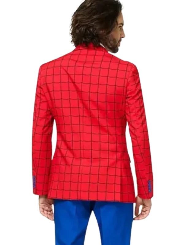 Red checkered blazer worn by a person on a white background