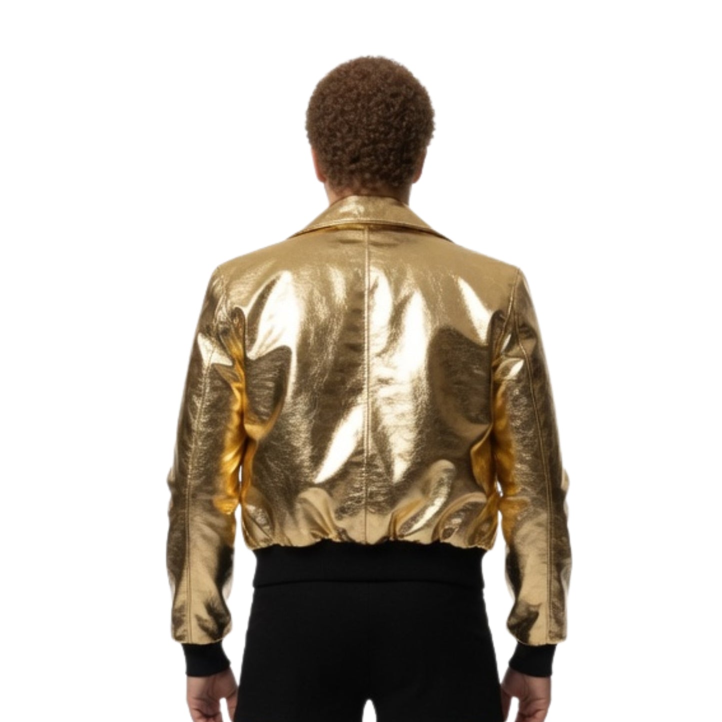 Person wearing a gold metallic jacket on a white background