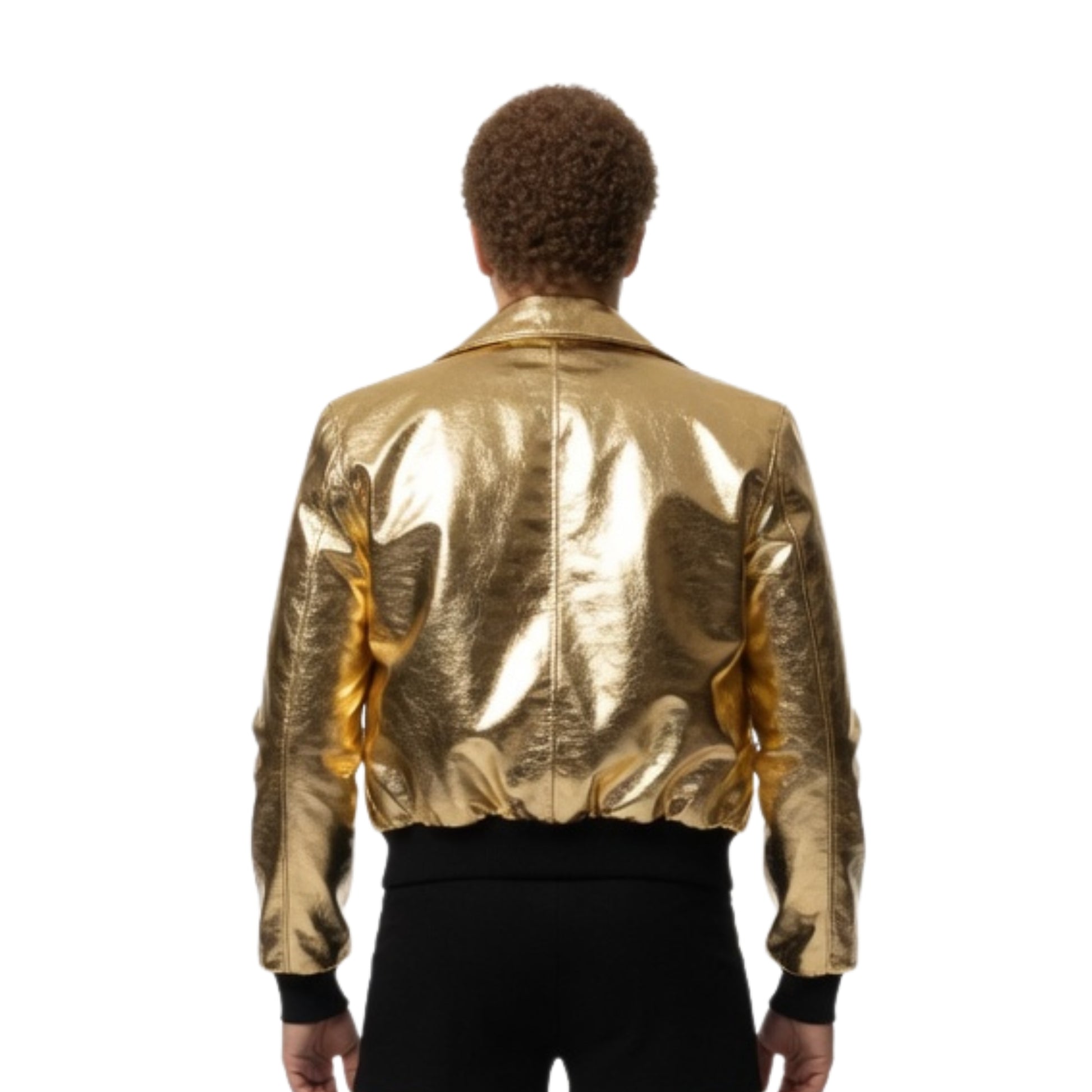 Person wearing a gold metallic jacket on a white background