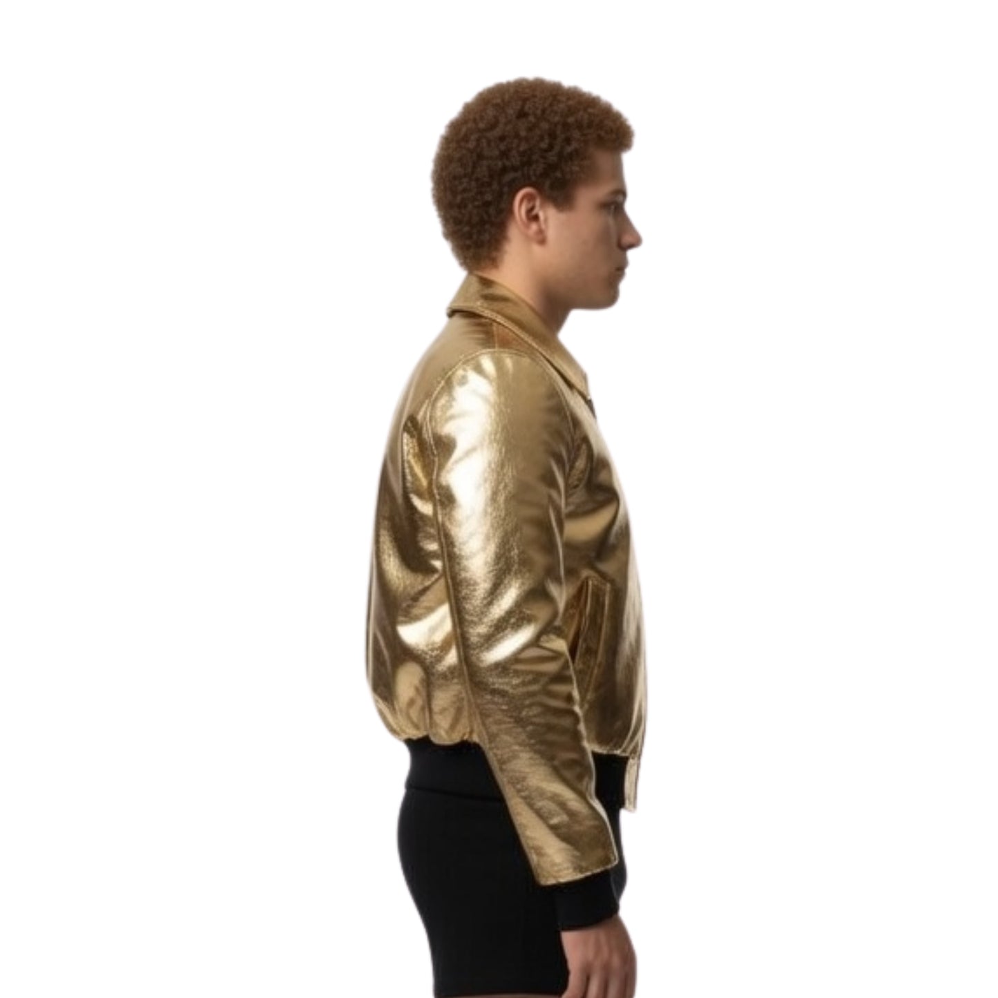 Person wearing a gold reflective jacket on a white background