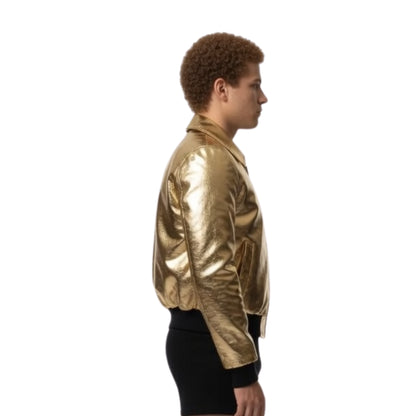 Person wearing a gold reflective jacket on a white background