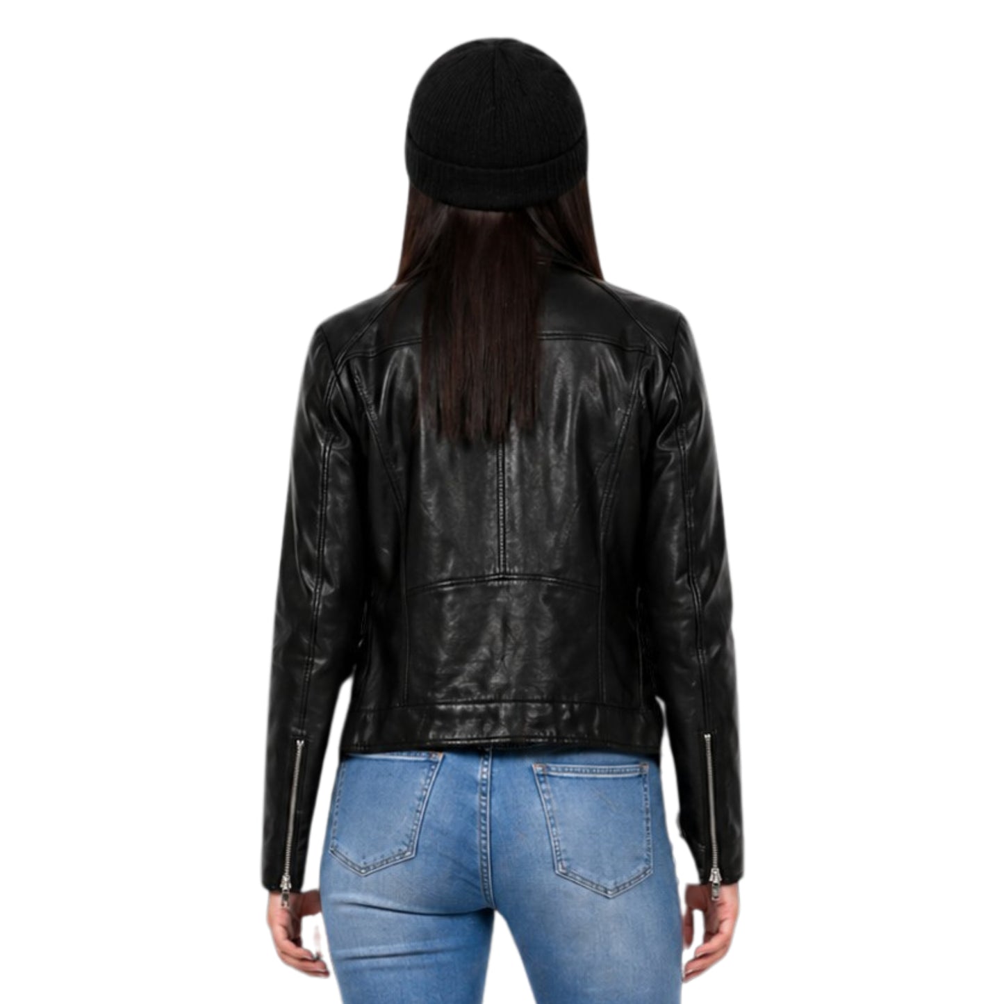 Person wearing a black leather jacket and blue jeans on a white background