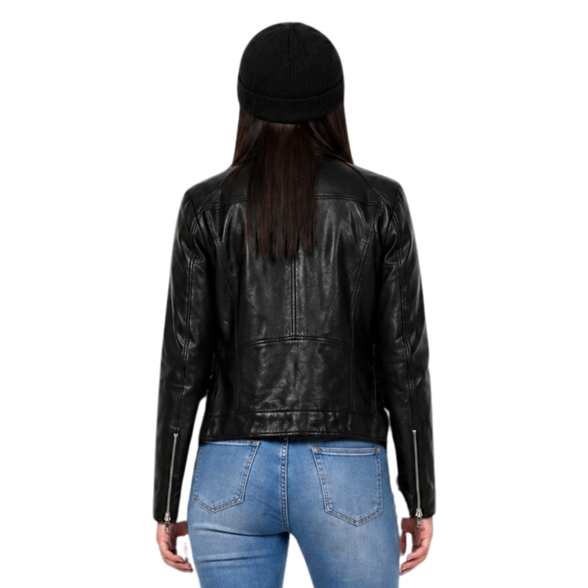 Person wearing a black leather jacket and blue jeans on a white background