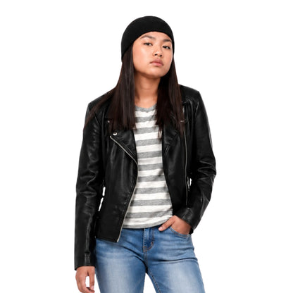 Person wearing a black leather jacket, striped shirt, and jeans on a white background