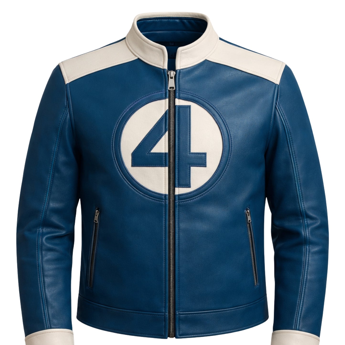 Blue leather jacket with a large number 4 on a white background